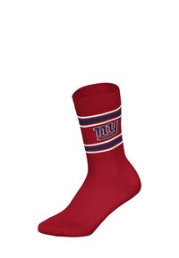 Czerwona skarpetka o prążkowanej fakturze, z wzorem niebiesko-białych pasków i wyraźnie widocznym niebieskim logo.