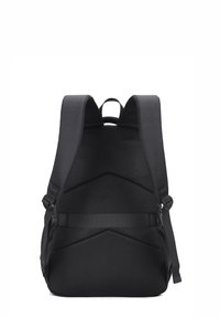 Zaino in tessuto nero con schienale in rete imbottito, spallacci ergonomici e cinghia pettorale regolabile; presenta un design elegante e minimalista.