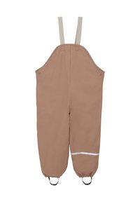 Bruine waterdichte overall met verstelbare beige schouderbanden, elastische manchetten en een reflecterende witte strook aan de onderkant.