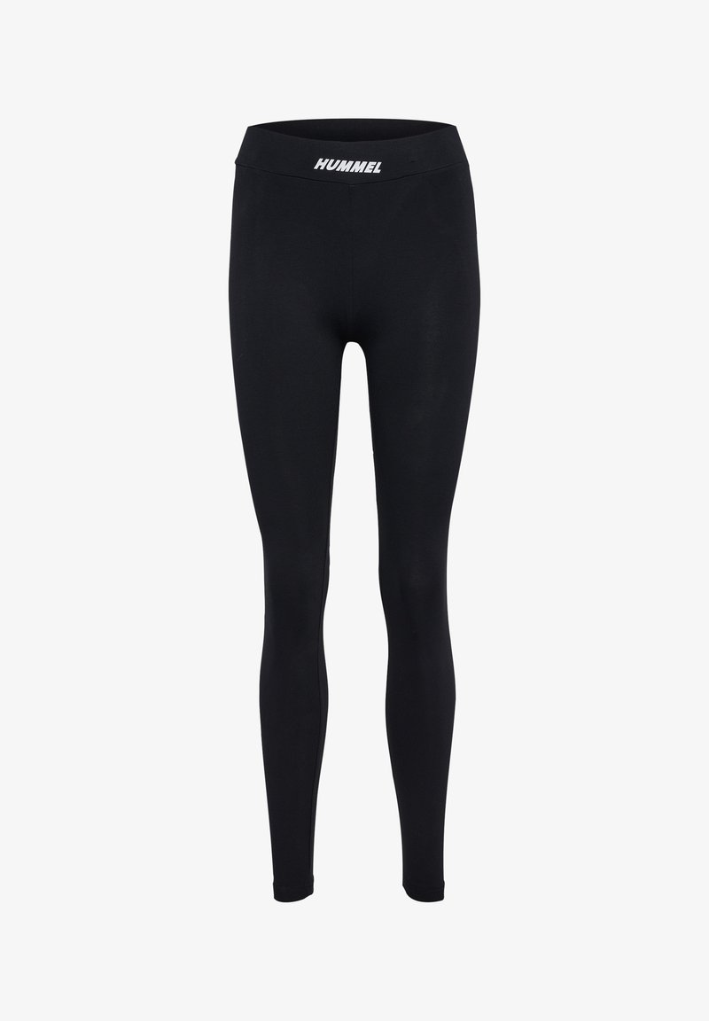Legging noirs en tissu extensible, dotés d'une large ceinture avec le logo blanc "HUMMEL" sur le devant. Texture lisse, coupe longue.