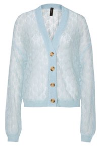 Jasnoniebieski kardigan z dekoltem w serek i teksturowanym wzorem dzianiny. Posiada pięć drewnianych guzików oraz ściągacze na mankietach i w pasie.