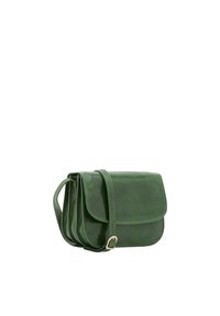 Borsa a tracolla verde in pelle con chiusura a pattina, tracolla regolabile e texture liscia. Presenta una forma rettangolare semplice con dettagli minimi.