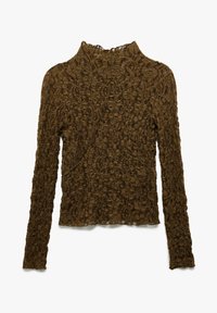 Kanten langslurf top in olijfgroen met een hoge kraag, voorzien van een gestructureerd bloemenpatroon en een gerimpelde zoom.