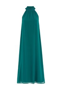 Tee-farbiges Maxikleid mit hochgezogenem Smock-Ausschnitt. Hergestellt aus leichtem Stoff, mit lockerer Passform und glatter Textur.