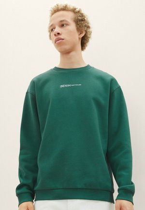 Green cotton sweatshirt with crew neck and ribbed cuffs. Features embroidered "DENIM TOM TAILOR" logo on the chest. Soft texture.
