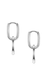 Ezüst fülbevalók ovális formában, dupla láncmegoldással és sima, fényes felülettel. Minden fülbevalón egy felfüggesztett kör alakú dísz található.