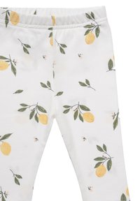 Weiße Leggings mit einem Zitronen- und Blattmuster sowie kleinen rosa Blumen. Weicher, dehnbarer Stoff mit einem elastischen Bund.