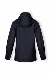 Veste imperméable navy avec capuche, dotée de poignets élastiques, d'une texture lisse et d'un design simple et épuré.