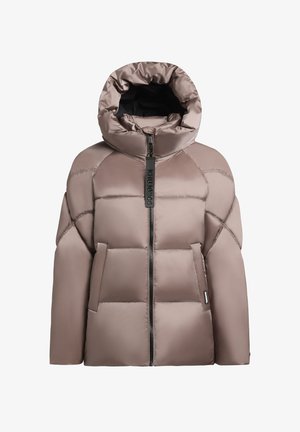 Opblaasbare jas in licht taupe met een capuchon, voorzien van een voorzijdige rits en zijzakken. Gemaakt van soepel, glanzend stof met gewatteerde secties.