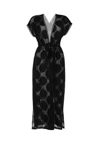 Czarna siateczkowa sukienka z głębokim dekoltem w kształcie litery V, krótkimi rękawami i regulowanym w pasie sznurkiem. W całym materiale widoczny okrągły wzór.