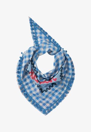 Blauw-witte geruite driehoekige sjaal met blauwe franjes en een gedeeltelijk rood-zwarte grafische opdruk op de stof.