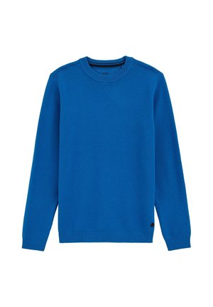 Blå strikket crewneck-trøje med lange ærmer og ribbede manchetter og kant, vist fladt på en hvid baggrund.