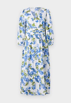 Lillelilledes maxi kleit, millel on valge taust ja sinise ning rohelise lillemustriga, V-kaelus, pikad puhv-õlgadega varrukad ning vöökoht on kinni tõmmatud.