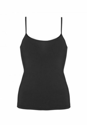 Camisola nera con spalline sottili, realizzata in morbido cotone, caratterizzata da una texture liscia e un design aderente.