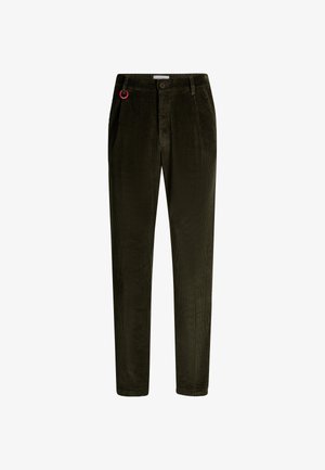 Donker groene corduroy broek met een recht model, voorzien van zijzakken en een felroze metalen ringaccent op de tailleband.