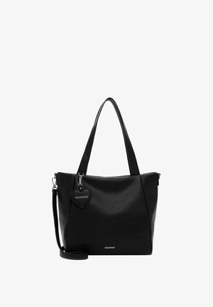 Schwarze Ledertasche mit strukturierter Oberfläche, zwei kurzen Griffen, abnehmbarem Schultergurt und einem herzförmigen Anhänger mit Markennamen.