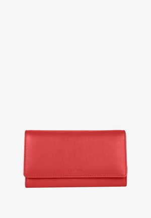 Rote Lederbörse mit glatter Oberfläche, rechteckiger Form und Klapp-Design. Minimalistische Markenkennzeichnung auf der Vorderseite.