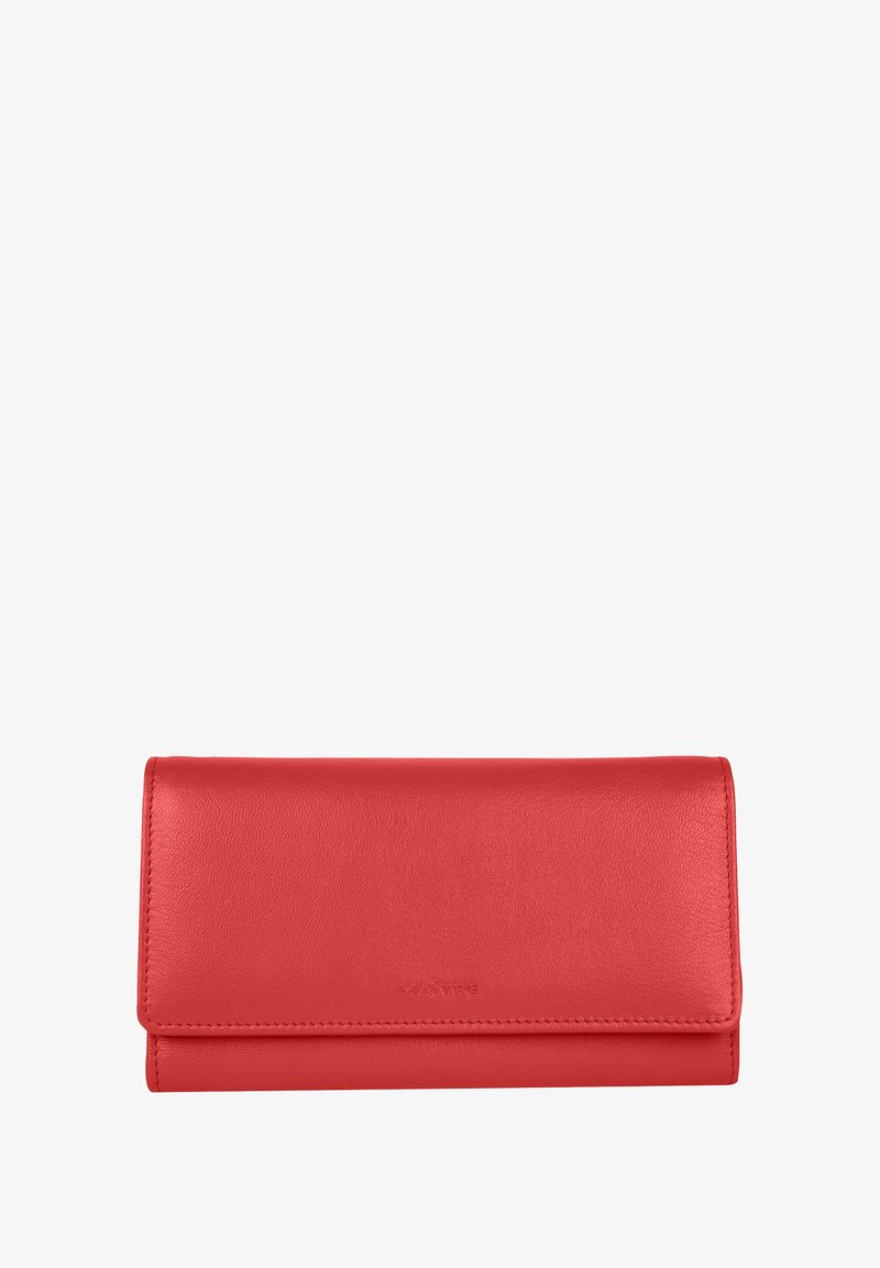 Czerwony skórzany portfel o gładkiej fakturze, prostokątnym kształcie i składanym designie. Posiada minimalistyczne logo z przodu.