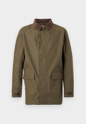 Vīriešu jaka olīvu zaļā krāsā ar brūnu korduroja apkakli, pogām aiztaisāmiem aproču galiem, slēptu rāvējslēdzēju priekšpusē un divām lielām klapējamām kabatām.