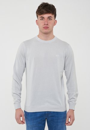 Maglione grigio chiaro a maniche lunghe realizzato in tessuto morbido. Presenta un colletto rotondo, polsini a costine e un piccolo logo sul petto. Design semplice.
