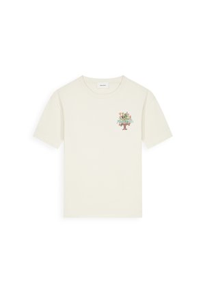 Gebroken wit T-shirt met korte mouwen, voorzien van een kleine kleurrijke bloemrijke boomgrafiek en tekst op de linkerborst.