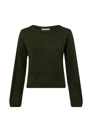 Dark green knitted sweater with a rounded neckline and long sleeves, featuring a soft texture and a cropped design at the waist.