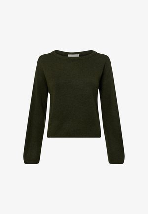 Pull en maille vert foncé avec un col rond et des manches longues, présentant une texture douce et une coupe courte à la taille.
