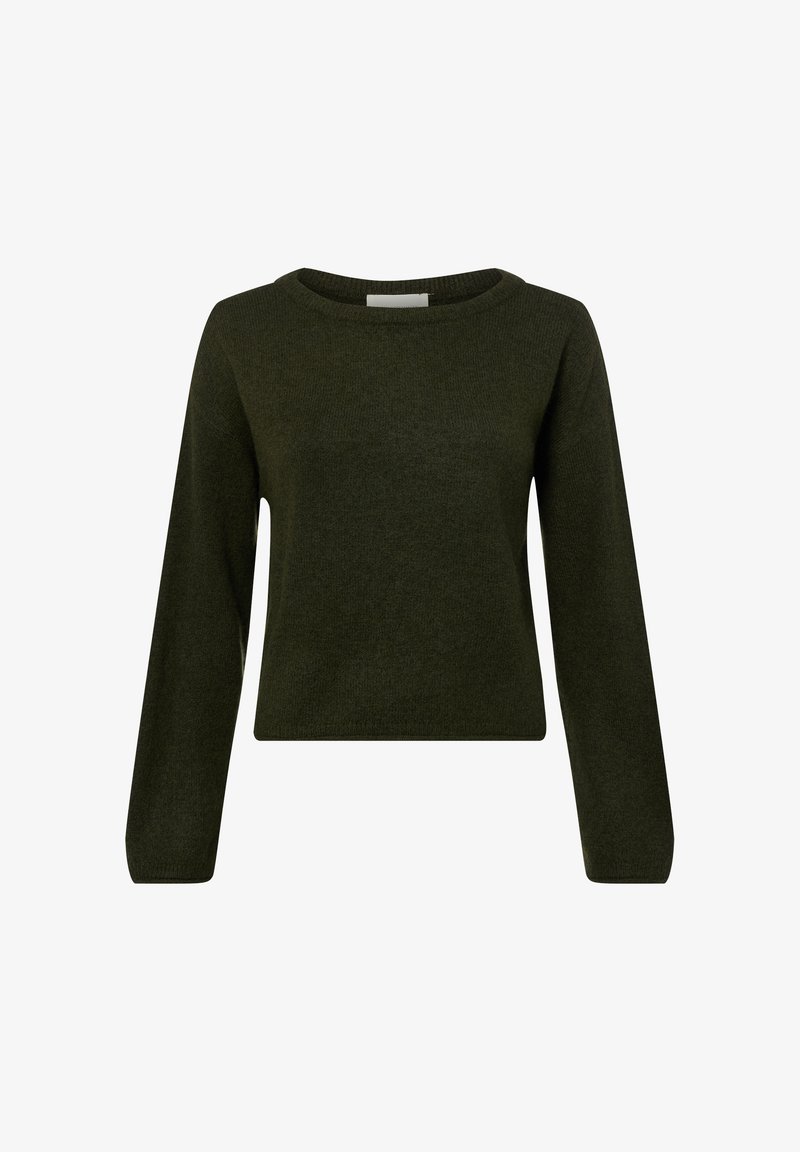 Donkergroene gebreide trui met een ronde hals en lange mouwen, met een zachte textuur en een cropped ontwerp bij de taille.