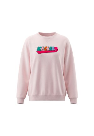 Lyserød langærmet sweatshirt med farverig "ICE CREAM" tekst og en pink understregning på brystet.