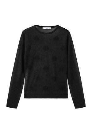 Czarny sweter z długim rękawem, okrągłym dekoltem i subtelnym wzorem dużych kropek na całej tkaninie.
