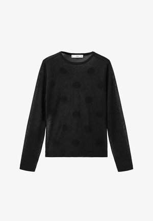 Czarny sweter z długim rękawem, okrągłym dekoltem i subtelnym wzorem dużych kropek na całej tkaninie.
