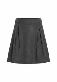 Donkergrijze corduroy A-lijn rok met brede plooien en knoopdetails bij de taille, weergegeven op een witte achtergrond.
