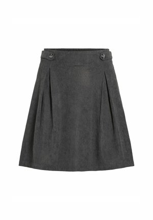 Jupe A-line en velours côtelé gris foncé avec de larges plis et des détails de boutons à la taille, présentée sur un fond blanc.