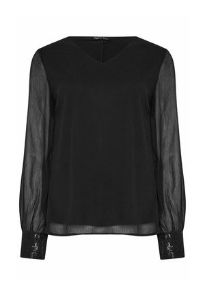 Blusa nera con scollo a V, maniche lunghe trasparenti e corpo texturizzato. I polsini sono decorati con paillettes nere. Silhouette elegante e aderente.