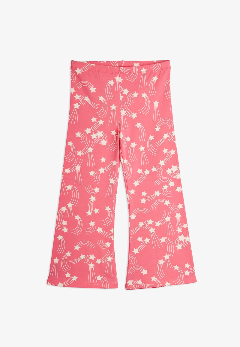 Pantalon large rose avec des motifs d'étoiles filantes blanches et d'arcs-en-ciel, taille élastique, posé à plat sur un fond blanc.