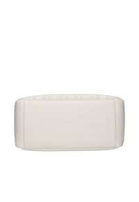 Borsa rettangolare bianca in pelle con superficie testurizzata, con dettagli in rilievo lungo il bordo superiore e lati lisci.