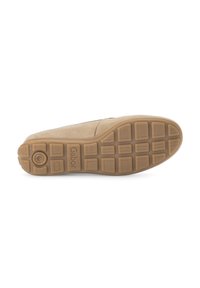 Beige Wildledersohle mit strukturiertem Gummiaußensohle, die rechteckige Muster und ein kreisförmiges Designelement aufweist, beschriftet mit "Gabor."