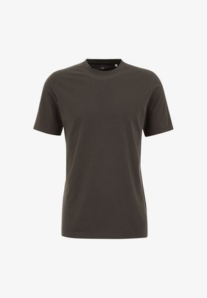Temnozeleni bombažni majica s kratkimi rokavi, okroglo ovratnikom in gladko teksturo. Preprost dizajn brez vzorcev ali okraskov.