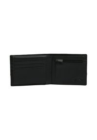 Black leather wallet with multiple card slots, a zippered compartment, smooth texture, and subtle embossed branding. Open view.