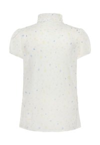 White short-sleeve top with a ruffled neck, featuring a floral pattern in pastel colors. Lightweight fabric with a textured surface.