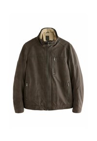 Braune Lederjacke mit Reißverschluss, Stehkragen und zwei vorderen Reißverschlusstaschen; gefüttert mit weichem beigen Stoff für Wärme.