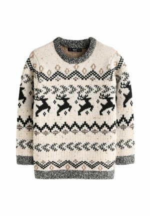 Cream knit sweater with black and grey reindeer and geometric patterns, and dark grey ribbed collar, cuffs, and hem.
