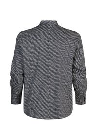 Langsleeve shirt in marineblauw en wit, met een geometrisch patroon, knopenmanchetten en een klassieke kraag met een rugpas. Zachte stoftextuur.