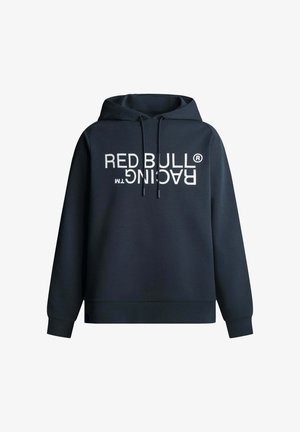 Sudadera azul marino hecha de una tela suave. Cuenta con un bolsillo canguro, capucha con cordón y un logo frontal impreso en blanco. Ajuste relajado.