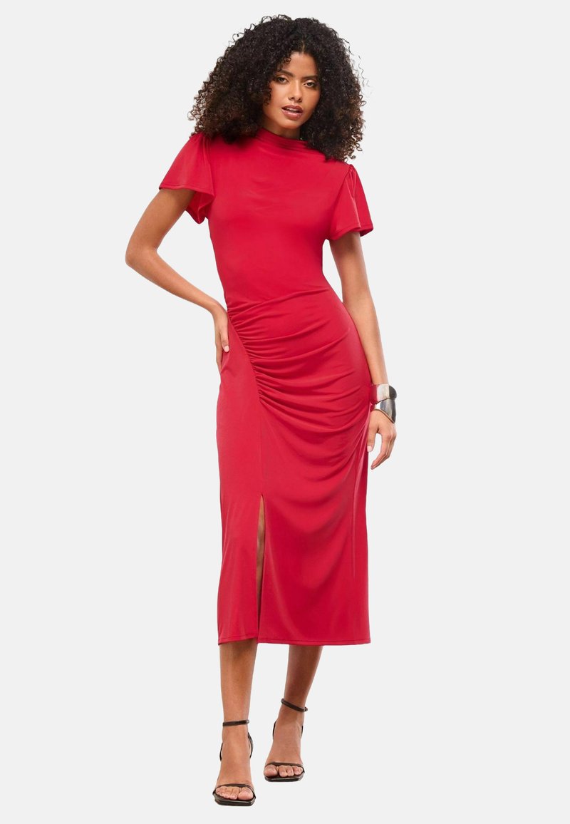 Rochie midi roșie cu mâneci scurte și ondulate, detalii plisate pe lateral și o fanta înaltă până la coapsă. Fabricată dintr-un material neted, elastic pentru confort.
