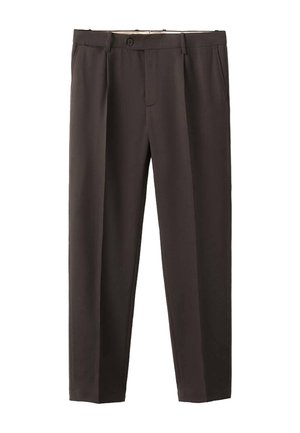 Pantaloni tailored marroni scuri con frontale piatto, passanti per la cintura e chiusura a bottone. Realizzati in tessuto liscio e con design a gamba dritta.