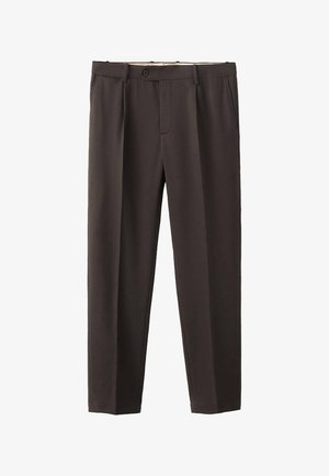 Ciemnobrązowe, dopasowane spodnie z gładkim przodem, szlufkami na pasek i zapięciem na guzik. Wykonane z gładkiego materiału, z prostą nogawką.