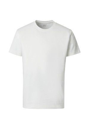 Enkelt hvid t-shirt med korte ærmer og rund hals vist mod en hvid baggrund.