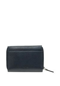 Granatowy skórzany portfel o fakturowanej powierzchni, kompaktowym prostokątnym kształcie, zamknięciu na zamek oraz subtelnie wytłoczonym logo na przedniej stronie.