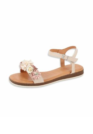 Beige flat sandal with ankle strap and buckle, decorated with pastel pink and cream fabric flowers on front strap.